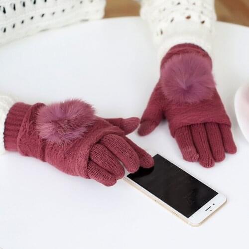 Winter Gloves For Women Fur Ball Two Piece Touch Screen Mitten Fashion Warm Half Finger Gloves Female Mittens TKG004-redwine