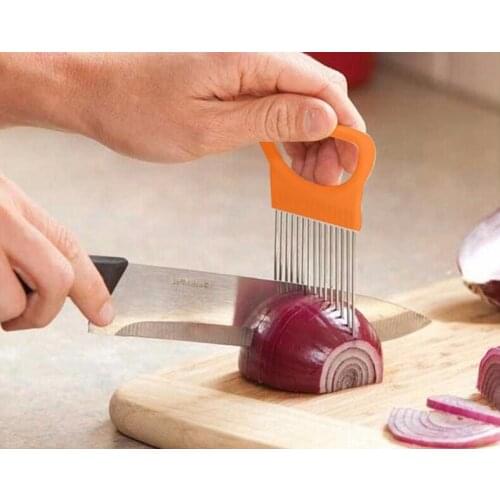 1PC Stainless Steel Onion Slicer Vegetable Tomato Holder Cutting Aid Guide Holder Slicing Cutter Gadget OK 0259