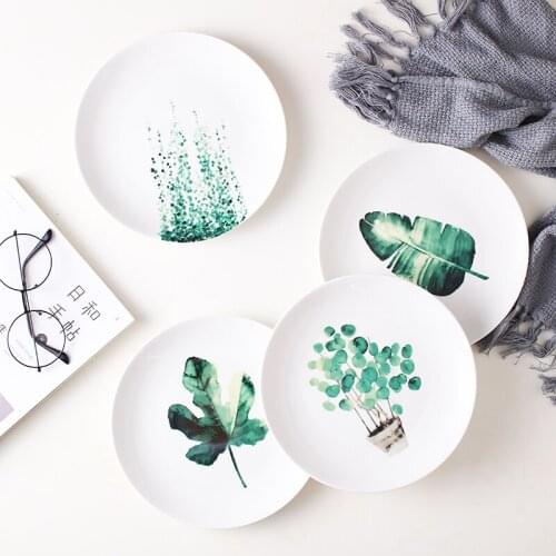 4 pcs 8/10 inch tableware green plants porcelain round dinner plate dessert plate and dishes cake plate ceramic dinnerware set