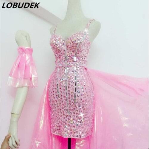 Sparkly Rhinestones Pink Strap Dress Long Yarn Tail Outfits Sexy Nightclub Bar Women Singer Stage Costume Compere Show DS Dress