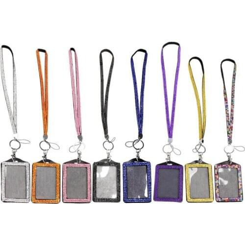 Hot Bling Rhinestone Crystal Neck Lanyard Strap Custom Lanyard With Vertical PU ID Card Badge Holder