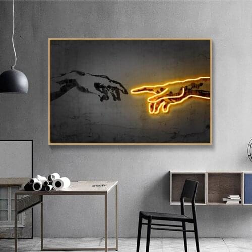 Hand of God Creation of Adam Neon lights Canvas Painting Print on Canavs Wall Art Pictures for Living Room Decor