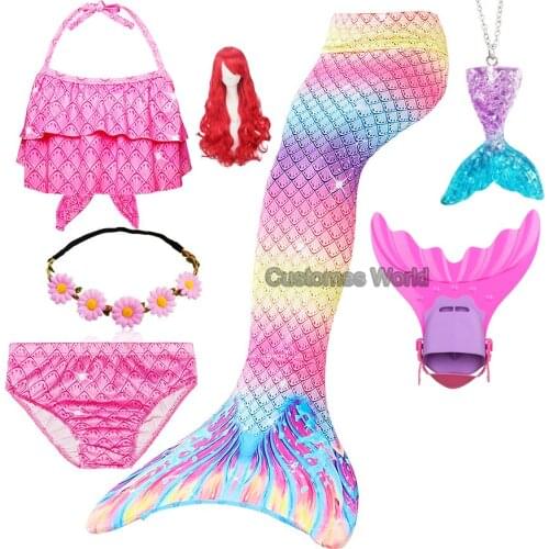 Hot Girls Swimming Mermaid Tails Costume Cosplay Wig Children the Little Mermaid Swimsuit Bikini Set for Kids with Monofin Wigs
