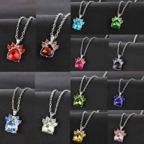Charm 12 Months Necklaces Crystal Rhinestone Pet Cat Paw Claw Prints Birth Stone Pendant Necklace Animal Pet Lovers Jewelry Gift