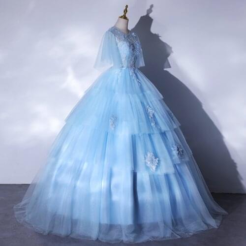 Luxury light blue flower court ruffled ball gown princess/queen Medieval Victoria Ball stage performance/event/studio