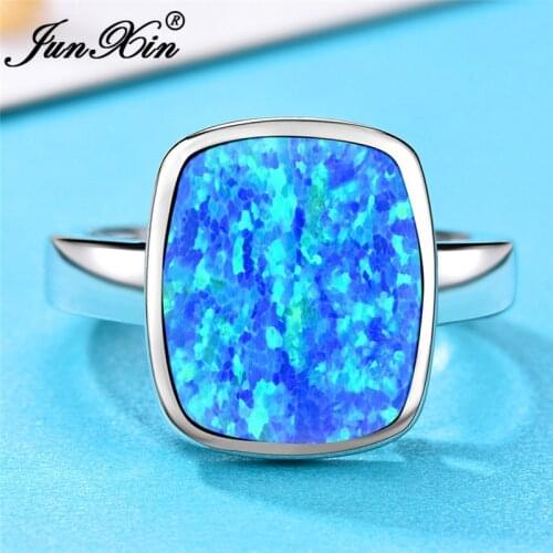 JUNXIN Luxury Female Male Big Square Stone White Blue Fire Opal Rings For Women Men Silver Color Wedding Bands