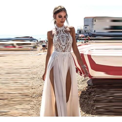 Sexy Beach Wedding Dresses Boho Halter Neck Bride Gowns Sexy High Side Slit Lace Top Backless Floor Length Bridal Dresses Summer