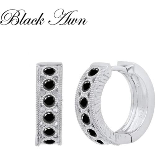 Black Awn New Classic 925 Sterling Silver Round Black Trendy Spinel Engagement Hoop Earrings for Women Fine Jewelry I182