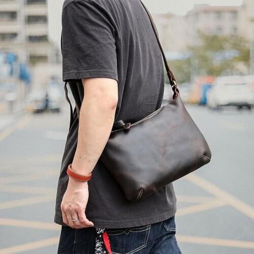 Retro Crazy Horse Leather Mens Large Capacity Shoulder Bag Fashion Designer Handmade cowhide Mens Outdoor Work Messenger Bag