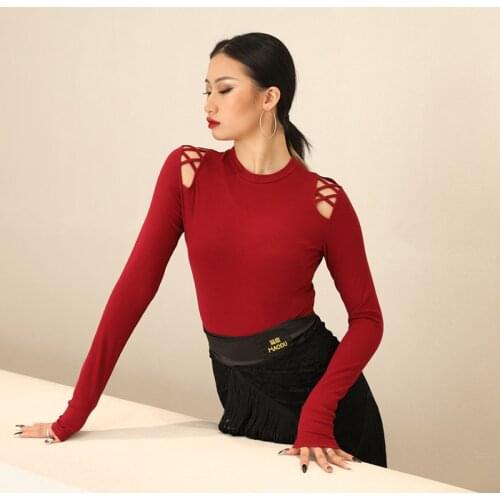 Latin Dance Tops Adult Latin Practice Wear Women Sexy Black Ballroom Dance Costume Training Wear Long Sleeves Red Tops BL5273