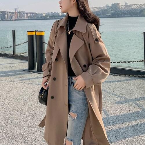 Women Trench Coat Vintage Women Long Outerwear Loose Overcoat with Belt Winter Fashion Double-breasted office Windbreaker Female