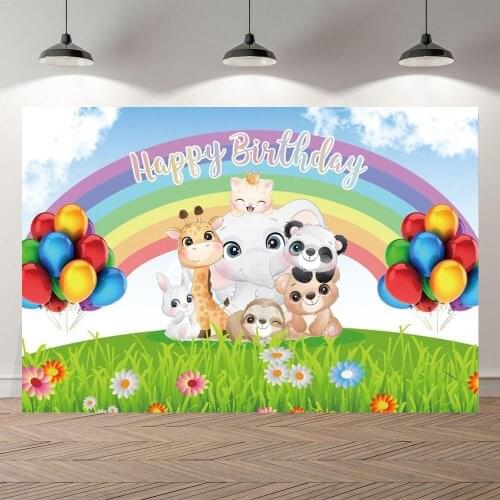 Spring Grass Cartoon Animals Party Happy Birthday Photo Backgrounds Colorful Balloons Elephant Baby Shower 1st Birthday Backdrop