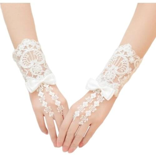 Vintage Embroidery Floral Lace Short Wedding Gloves Satin Bowknot Decor Imitation Pearl Beaded Bridal Fingerless Mittens