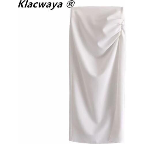 Klacwaya Za Women 2021 Chic Fashion Solid Color Draped Slit Hem Midi Skirt Vintage High Waist Back Elastic Female Skirts Mujer