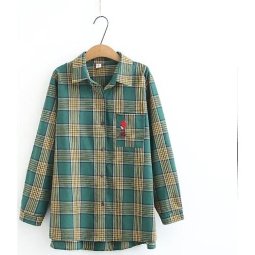 Plus Size XL-4XL Womens Cotton&Linen Blouse Long Sleeved Plaid Cute Embroidery Blusas OL Tops