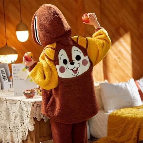 Women Sleepwear Winter Pajamas High Quality Sherpa Coral Fleece Hooded Inspissate Pajama Set Plus Size Cartoon Nightgown Retro