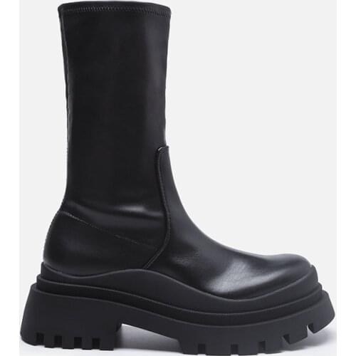 Retro Genuine Leather Cross-Tied Women Ankle Boots Platforms Round Toe Side Zipper Shoes Woman Autumn Working Casual