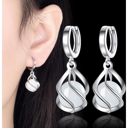 KOFSAC Vintage Exquisite Crystal White Geometric Earrings For Women Silver Color Party Jewelry Lady Engagement Accessories Gifts