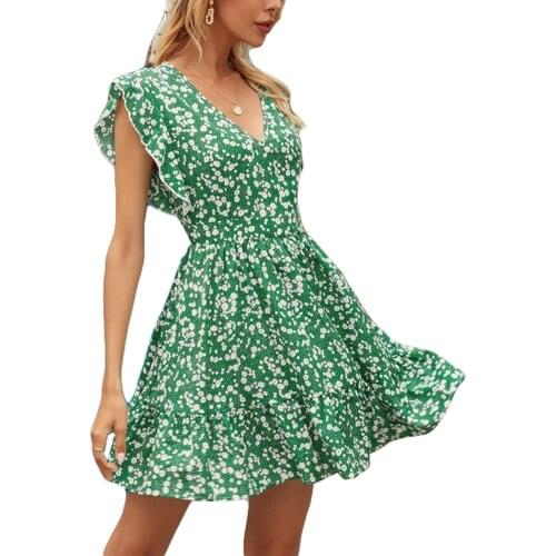Women Dresses Summer 2021 Sexy V Neck Floral Print Boho Beach Dress Ruffles Sleeve A-Line Dress Holiday Mini Dress Sundress