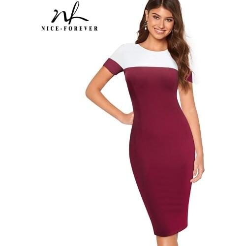 Nice-forever Summer Women Fashion Patchwork Office Dresses Vintage Elegant Bodycon Work Dress 1btyB627
