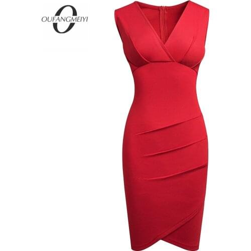 Women Sexy Charming Pure Color V Neck Sleeveless Ruched Lady Bodycon Wrap Pencil Dress EB643