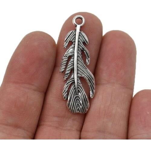 10PCS Antique Silver Plated Feather Charms Pendants for DIY Jewelry Making Necklace Accessories 40x14mm