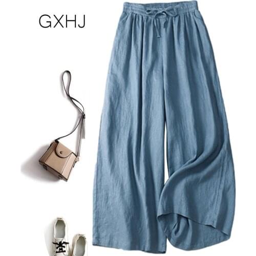 Women wide-leg pants 2021 summer Linen elastic waist casual womens pants cotton trousers Solid Palazzo Loose Pantalon LHJ040