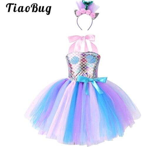 Kids Shiny Printed Halter Mesh Dress with Hair Hoop Children Girls Halloween Carnival Birthday Princess Party Mermaid Costume
