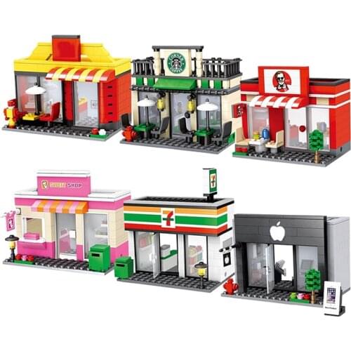 City Mini street Retail View Houses Building Blocks Architecture road corner 3D Model Cafe Leduo brand City tiendas toy