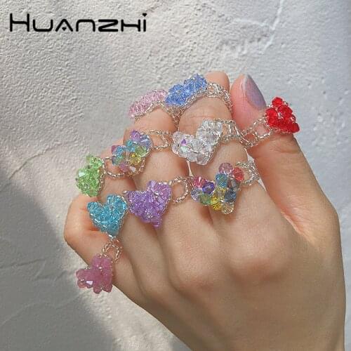 HUANZHI 2021 New Vintage Sweet Rainbow Color Crystal Beaded Love Heart Rings for Women Aesthetic Summer Vacation Accessories