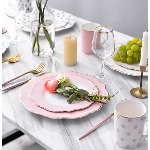 Brief Tableware Gold Edge Irregular Ceramic Plate Floral Shape Porcelain Steak Salad Dessert Dish Tray Household Dinner Plate