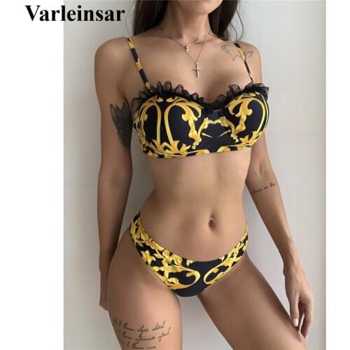 Lace Ruffled Frilled Push Up Bikini Swimsuit Female Swimwear Women Two-pieces Bikini set Bra Cup Bather Bathing Suit Swim V2850