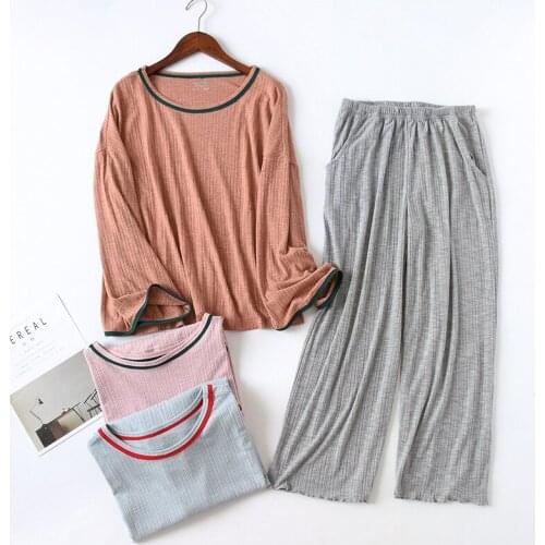 Autumn Winter Knitted Cotton Pajamas 2PCS Women Men Sleepwear Long Sleeve Pants Homewear femme pijama
