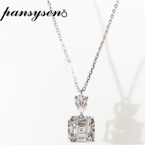 PANSYSEN 100% Pure 925 Sterling Silver Necklaces for Women Classic Square Lab Moissanite Diamond Pendant Necklace Birthday Gift