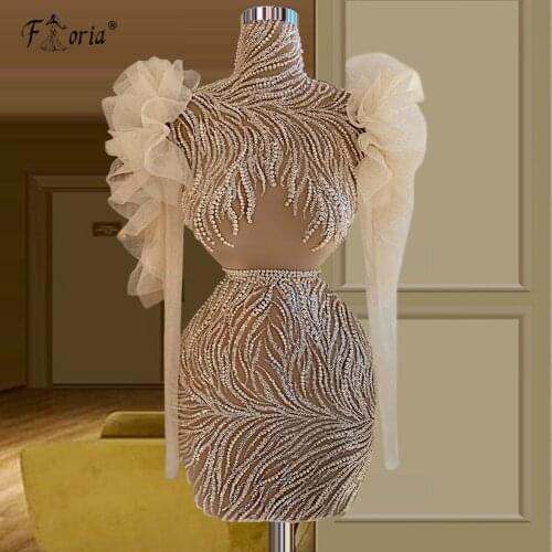 Sexy Short Prom Dresses Puffy Ruffles Sleeves Crystals Beaded Mini Length Party Dressing Gowns Girls Cocktail Dress Plus Size