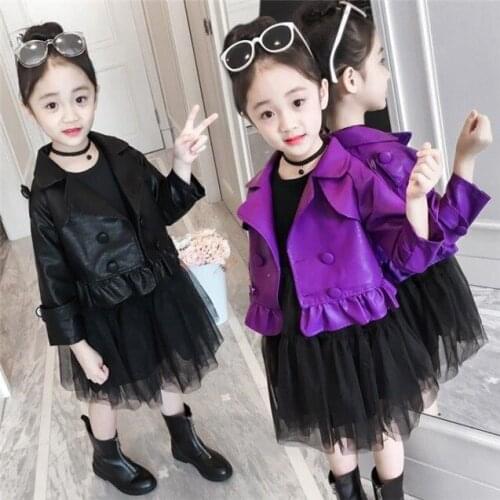 Girls Dress Clothes Kids Jacket Dresses for Girls Long Sleeve Clothing Outfits Toddler Girl Clothes Sets Pu Coat+Lace Dress