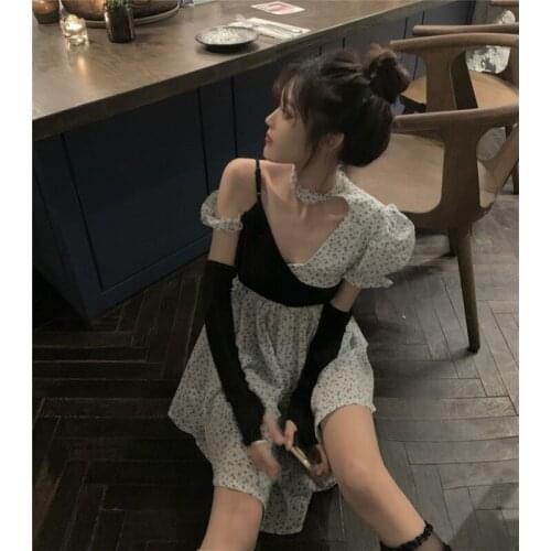 Off-the-shoulder Floral Dress Female Summer New Style French Design Niche Waist Puff Sleeve Dress
