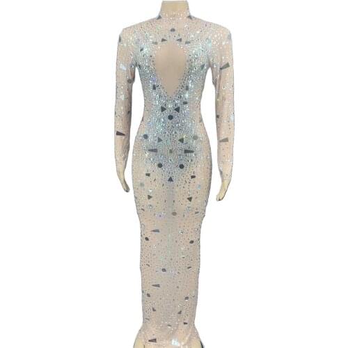 Floor-Length Split Fork Dress Spandex Shining Sequins Long Sleeve Vintage Classic Costume Hostess Dress Birthday Party Dress