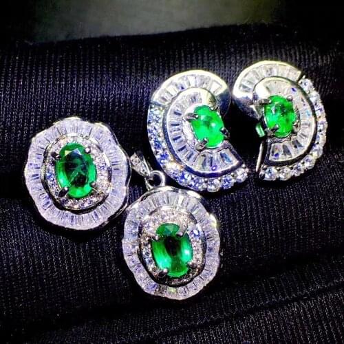 Natural and Real Emerald jewelry set Natural Real Emerald 925 sterling silver 1pc pendant,1pc ring ,2pcs Earring