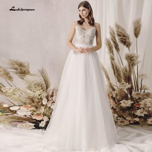 Spaghetti Straps Wedding Dresses Tulle Illusion Lace Appliques V-Neck Bridal Gowns Lakshmigown Zipper Ball Bridal Gowns