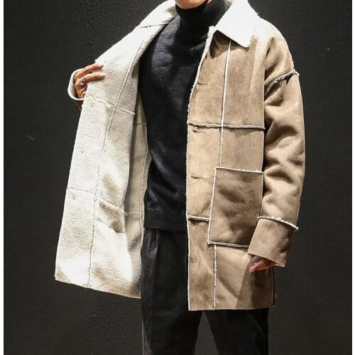 Hot Fashion Men Suede Wool Lined Overcoat Lapel Breasted Trench Coat Warm Khaki Coffee N090