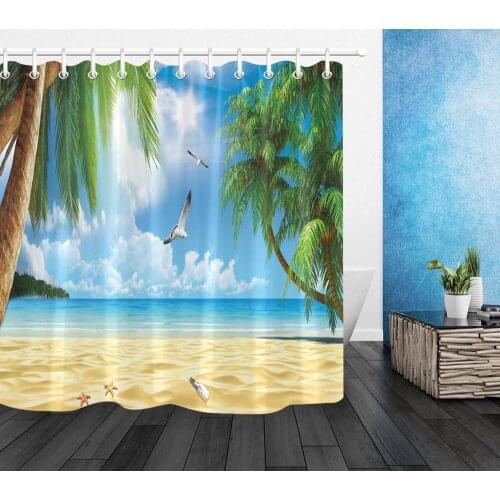 Ocean Shower Curtain Tropical Summer Travel Island Beach Scenic Waterproof Fabric Bathroom Curtain Palm Trees Leaf Bath Curtains