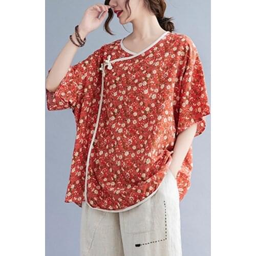 Women Cotton Linen Casual T-shirts New Arrival 2021 Summer Vintage Style Floral Print Loose Female Half Sleeve Tops Tees B227