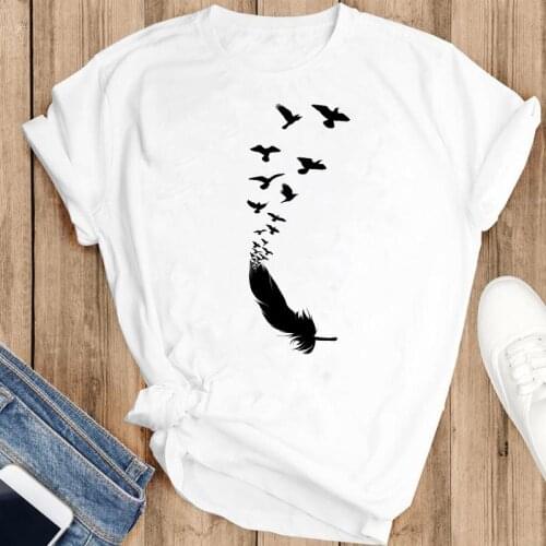 Women Graphic Watercolor Printing Feather 2021 Cartoon Fashion Summer Female Clothes Print Short Sleeve Tops Tees Tshirt T-Shirt