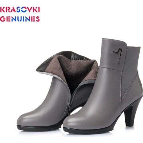 Krasovki Genuines Snow Boots Wool Women Warm Genuine Leather Fur Thin Heel Plush Ankle Boots Platform for Women Winter Boots