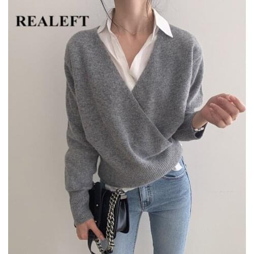 REALEFT 2021 New Autumn Winter Front Cross Womens Pullovers Long Sleeve Loose Sweaters Female Off Shoulder Knitting Sexy Tops
