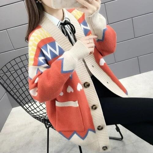 Autumn Knit Cardigans Sweater Women New Korean Winter Coat Version Of Diamond-Shaped Love Jacquard Loose Female Outerwear
