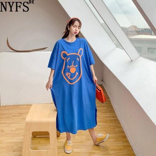 NYFS 2021 Summer Dress New Korean Loose Cotton Woman Dress Vestidos Robe Elbise Fashion Cute Bear Hem Slit Long Dresses