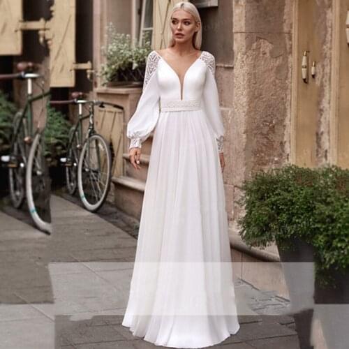 Bohemia Wedding Dress 2021 Full Sleeves V-Neck Chiffon Pearls Lace Appliques Sweep Train For Elegant Women New Arrive A-Line