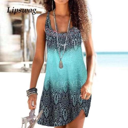 Women Casual Summer Sleeveless Tank Beach Dress Vintage Pattern Print A-Line Party Dress Elegant Square Collar Loose Mini Dress
